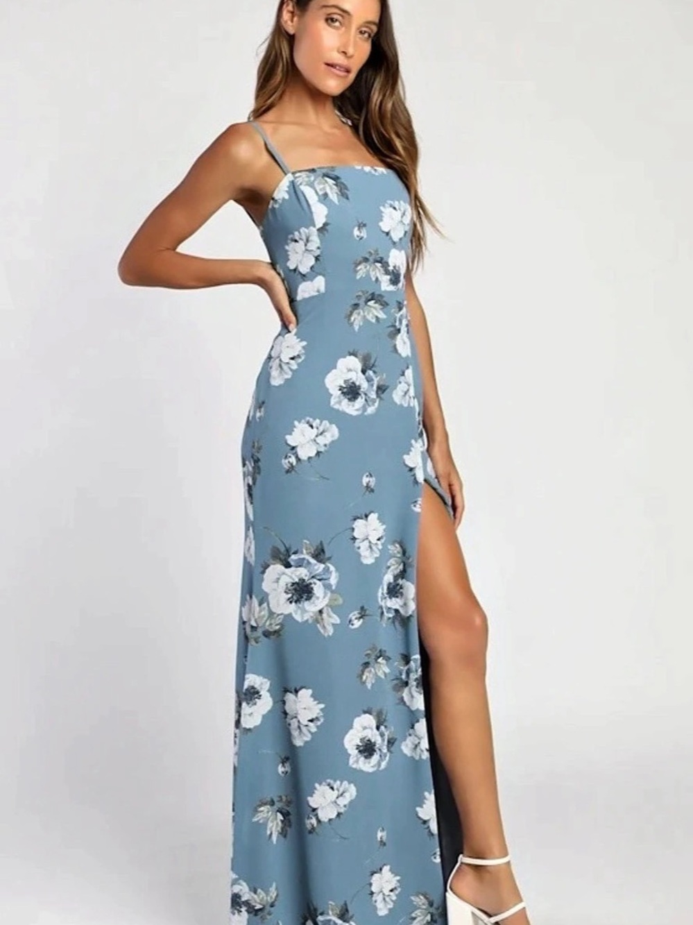 Lulus Feeling Elegant Slate Blue Floral Print Lace-Up Slit Maxi Dress